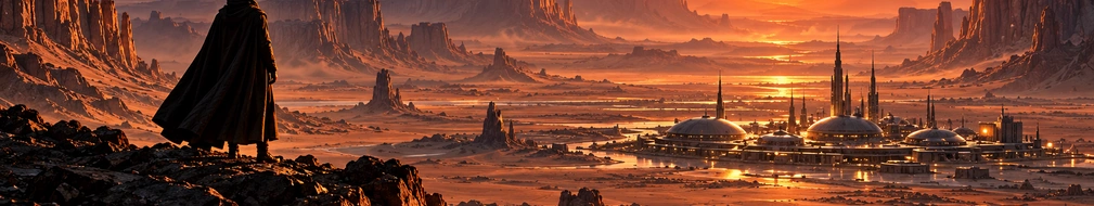 A cinematic science fiction sunset across an imaginary distant planet